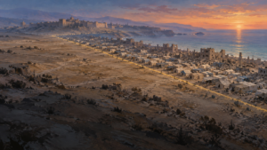 停戦後のガザを想像した油彩風の風景画。砂色の大地を横切る黄色い線の片側に瓦礫とテントが密集し、遠くに古い城壁。文字なし。実際の地図や場所を示すものではない