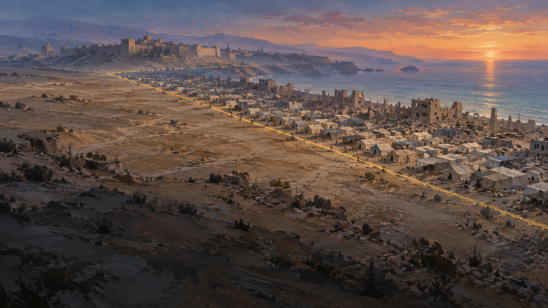 停戦後のガザを想像した油彩風の風景画。砂色の大地を横切る黄色い線の片側に瓦礫とテントが密集し、遠くに古い城壁。文字なし。実際の地図や場所を示すものではない