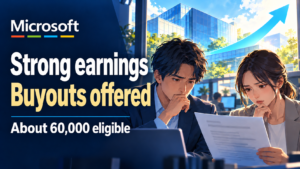 Illustration contrasting Microsoft’s strong earnings with employees’ uncertainty over a voluntary exit offer.