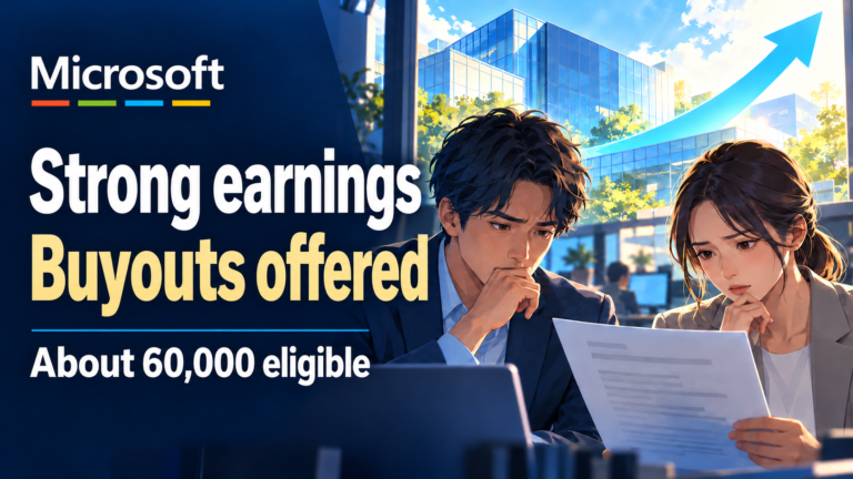 Illustration contrasting Microsoft’s strong earnings with employees’ uncertainty over a voluntary exit offer.