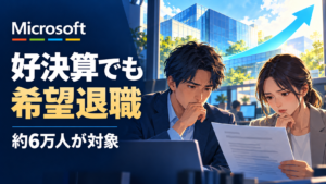 マイクロソフトの好決算と、希望退職の提示に不安を抱く社員を対比したイラスト