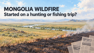AI-generated editorial illustration of a grassland fire spreading across the Mongolian steppe, with newspapers; not an actual photo of the site