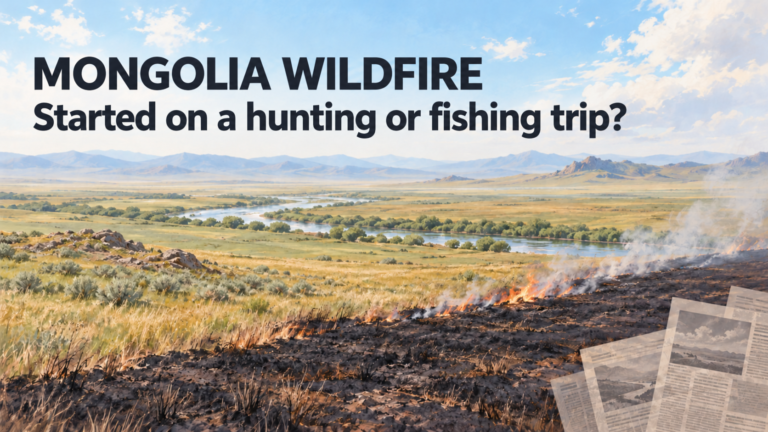 AI-generated editorial illustration of a grassland fire spreading across the Mongolian steppe, with newspapers; not an actual photo of the site