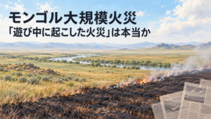 モンゴルの草原で燃え広がる草原火災と新聞を描いたAI生成のイメージイラスト（実際の現場写真ではありません）