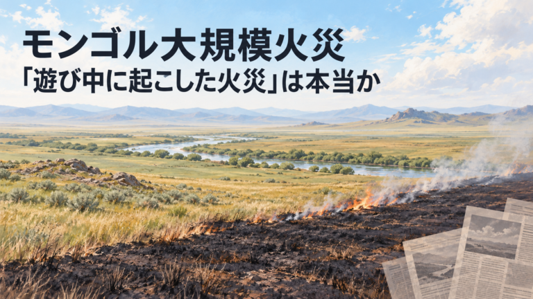 モンゴルの草原で燃え広がる草原火災と新聞を描いたAI生成のイメージイラスト(実際の現場写真ではありません)