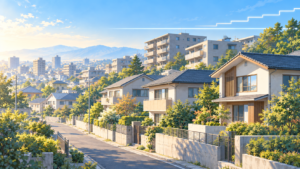朝日に照らされた日本の住宅街と、固定金利・変動金利を象徴する水平線と階段状の線のイラスト