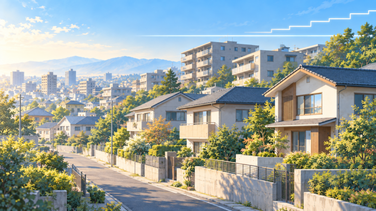 朝日に照らされた日本の住宅街と、固定金利・変動金利を象徴する水平線と階段状の線のイラスト