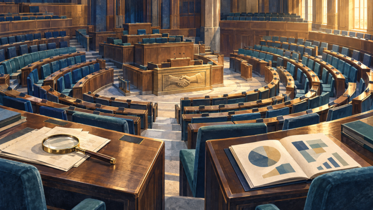 紺と青緑の議席が並ぶ抽象的な議場。手前に虫眼鏡と政策資料、中央に握手のレリーフを配し、野党の監視・政策提案・信頼を象徴したイラスト。