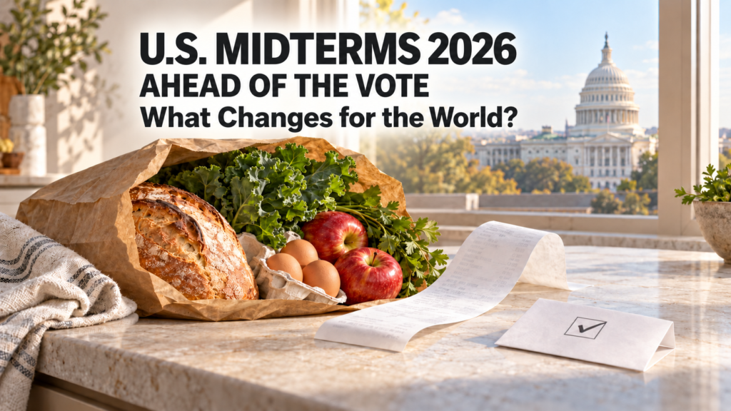 Editorial illustration of groceries, a receipt and a ballot with the US Capitol in the background for the 2026 midterms