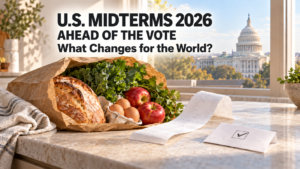 Editorial illustration of groceries, a receipt and a ballot with the US Capitol in the background for the 2026 midterms