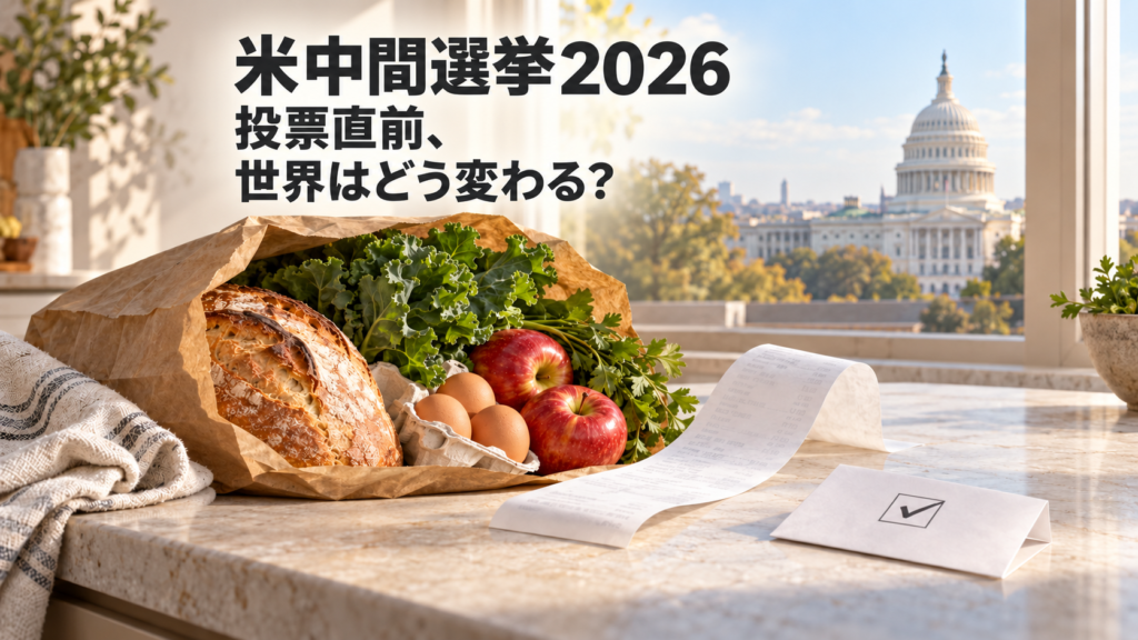 食料品とレシート、投票用紙の奥に米議会議事堂を配した中間選挙2026のイメージイラスト